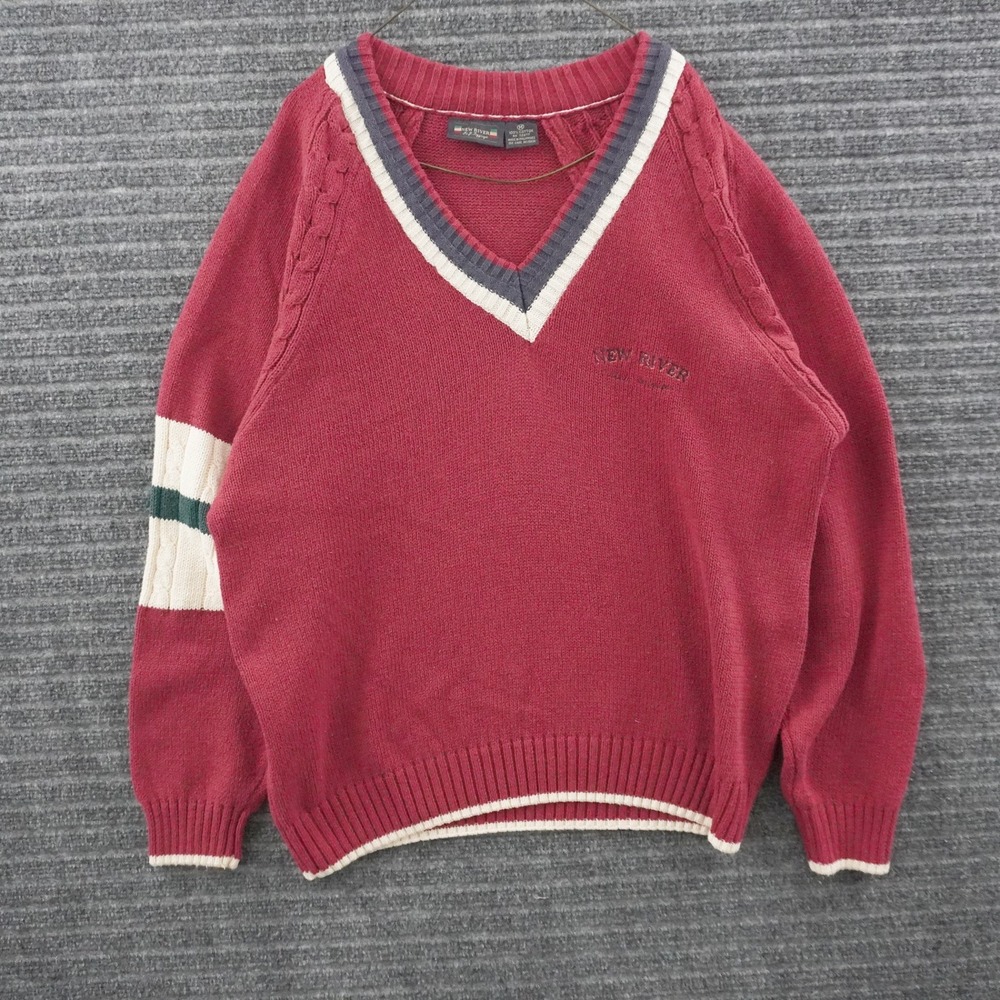 Vintage New River V-Neck Sweater Mens M Burgundy Cable Knit Striped Trim